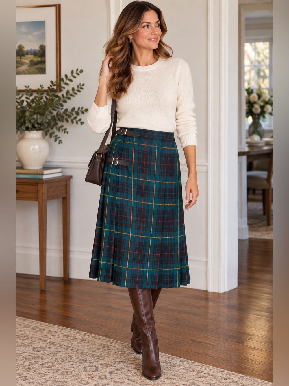 Vintage Glen Avon Scotland Wool Tartan Kilt Skirt Teal Plaid Pleated 26” Waist